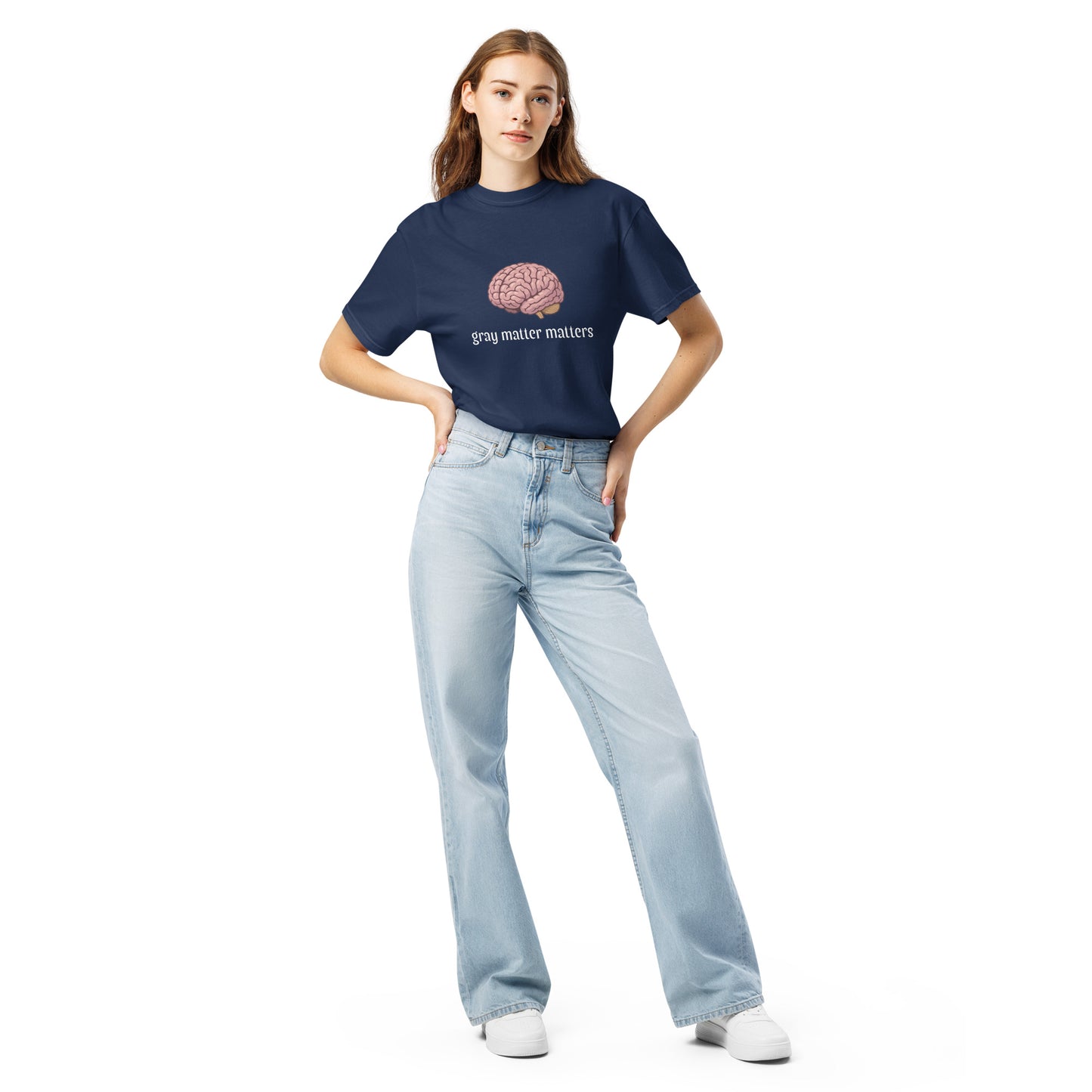 Gray Matter Matters unisex garment-dyed heavyweight T-shirt in dark navy, front view showing soft fabric and relaxed fit.