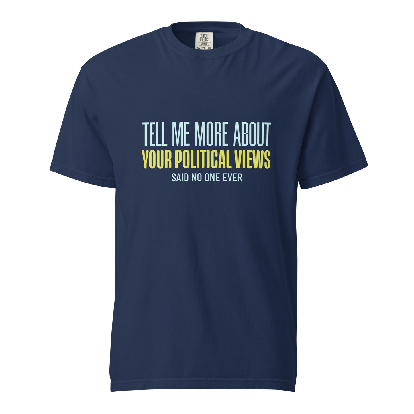 Unisex garment-dyed heavyweight T-shirt in true navy with front design, by wayward.biz, showcasing casual style and durable fabric.