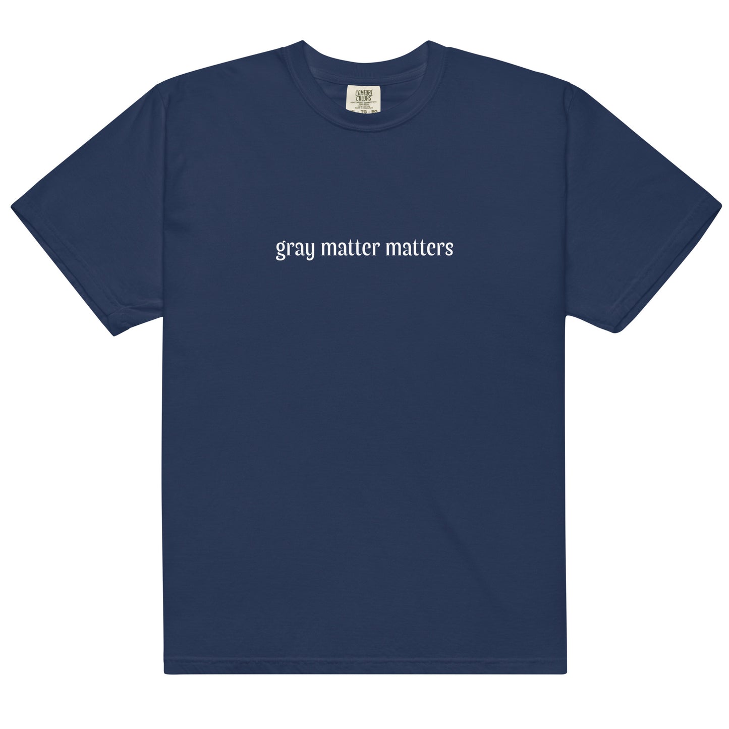 Gray Matter Matters unisex garment-dyed heavyweight t-shirt in dark navy, front view showing soft fabric and relaxed fit.