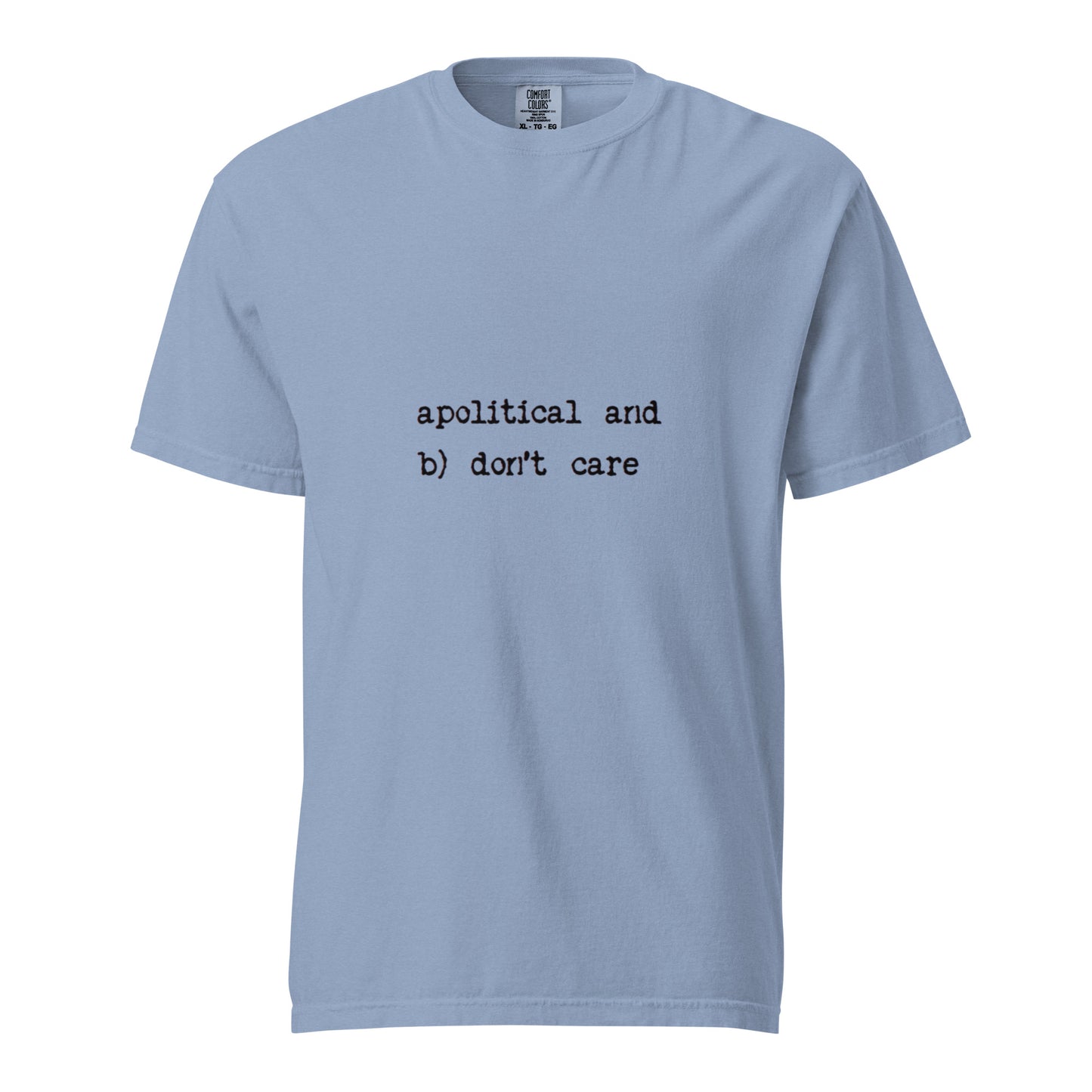 Unisex garment-dyed heavyweight T-shirt from wayward.biz in washed denim, front view showing casual fit and fabric texture.
