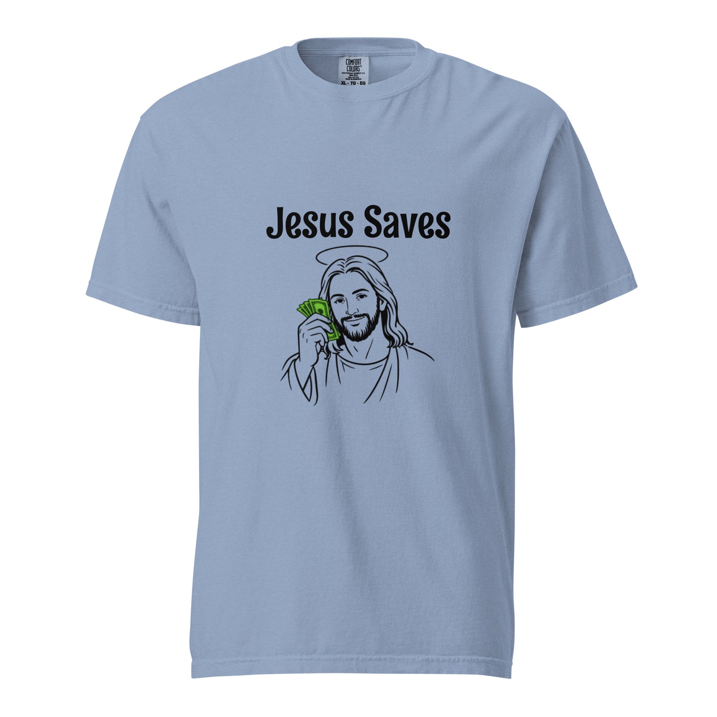 Unisex Jesus Saves heavyweight garment-dyed T-shirt in washed denim, featuring front print, by wayward.biz.