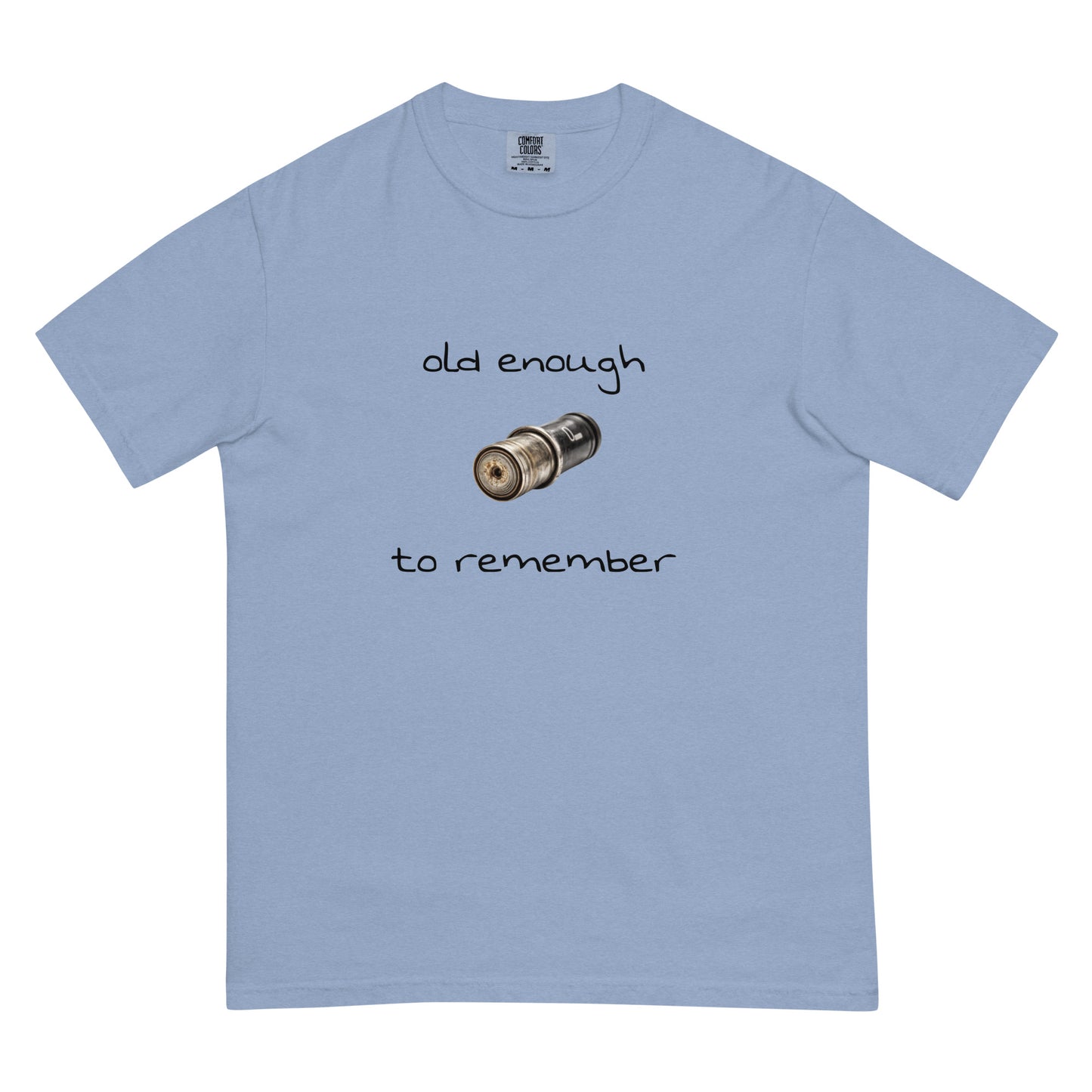 Unisex heavyweight denim T-shirt by wayward.biz with "Old enough to remember" print, front view, garment-dyed for a vintage look.