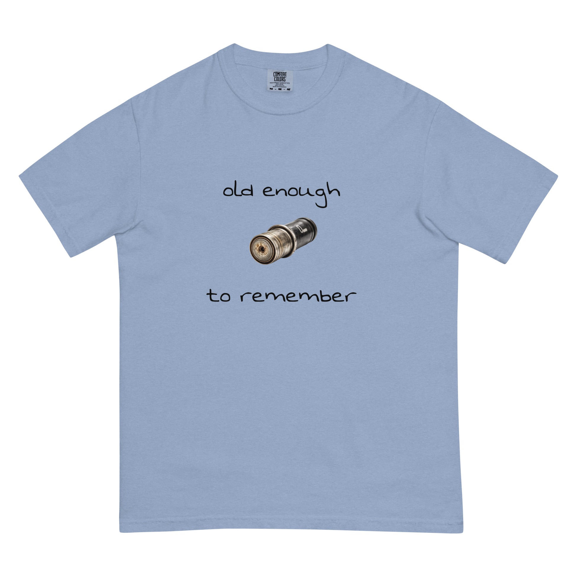 Unisex heavyweight denim T-shirt by wayward.biz with "Old enough to remember" print, front view, garment-dyed for a vintage look.