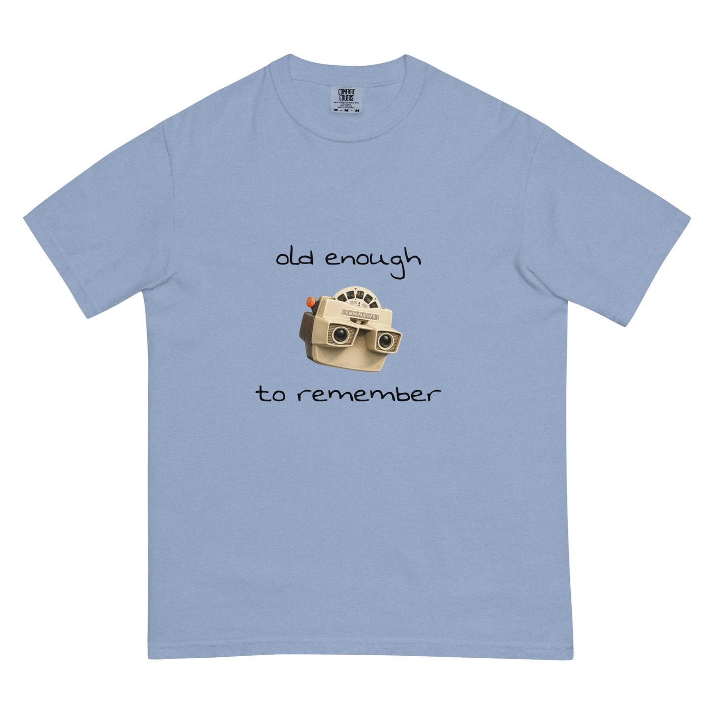 Unisex View-Master heavyweight garment-dyed T-shirt in washed denim with front design, by wayward.biz.