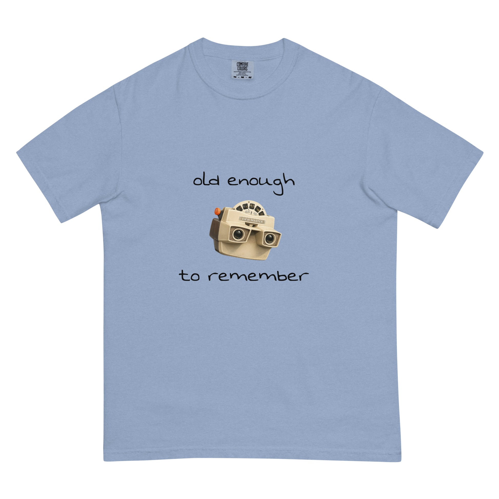 Unisex View-Master heavyweight garment-dyed T-shirt in washed denim with front design, by wayward.biz.