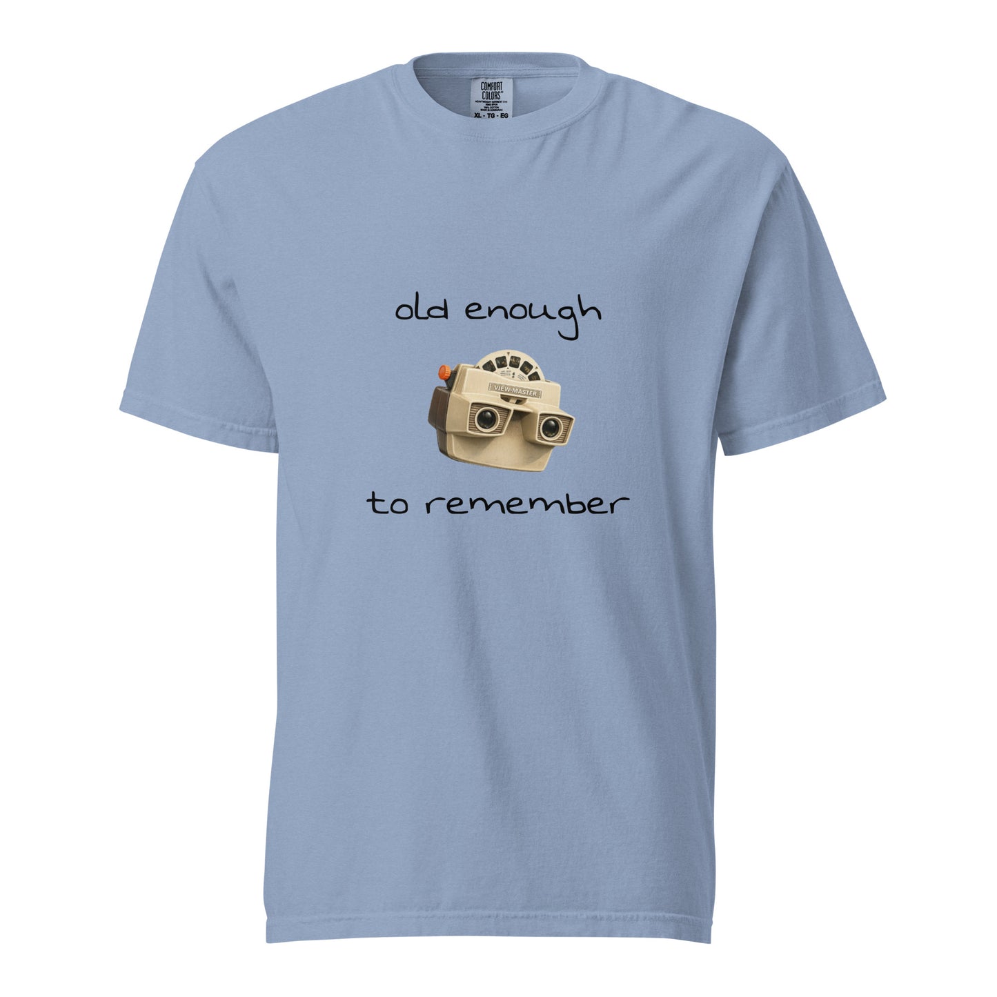 Unisex View-Master "Old enough to remember" garment-dyed heavyweight t-shirt in washed denim, front view