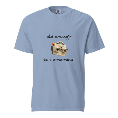 Unisex View-Master "Old enough to remember" garment-dyed heavyweight t-shirt in washed denim, front view