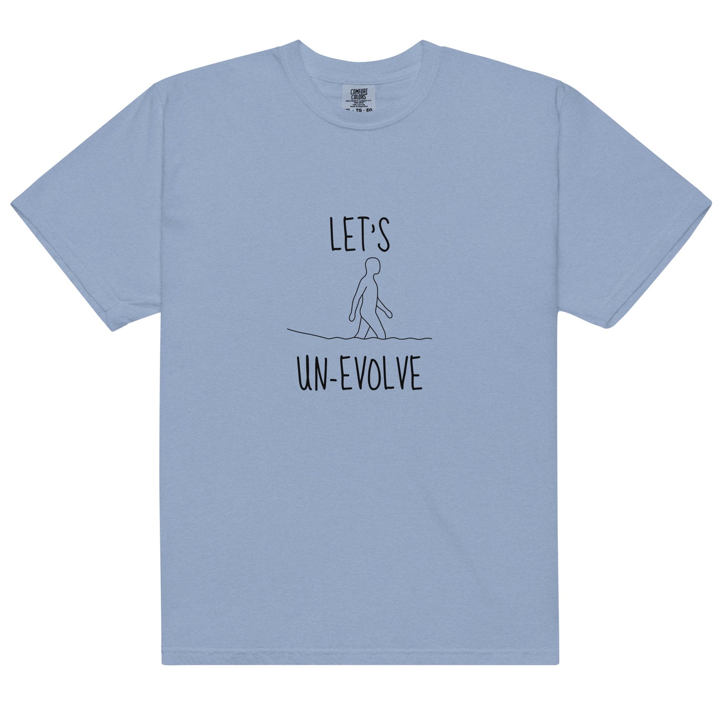 Unisex garment-dyed heavyweight T-shirt in washed denim with front design, from wayward.biz.