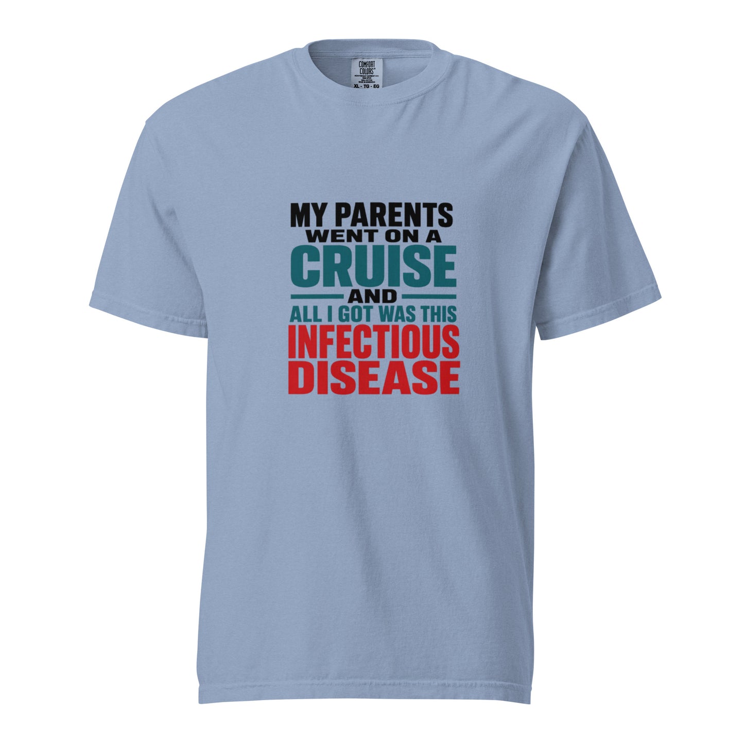 Unisex garment-dyed heavyweight T-shirt in washed denim with printed text, by wayward.biz.