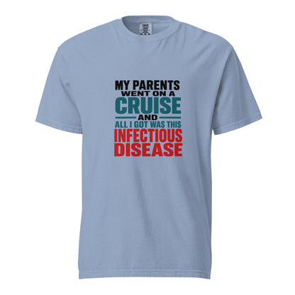 Unisex garment-dyed heavyweight T-shirt in washed denim with printed text, by wayward.biz.
