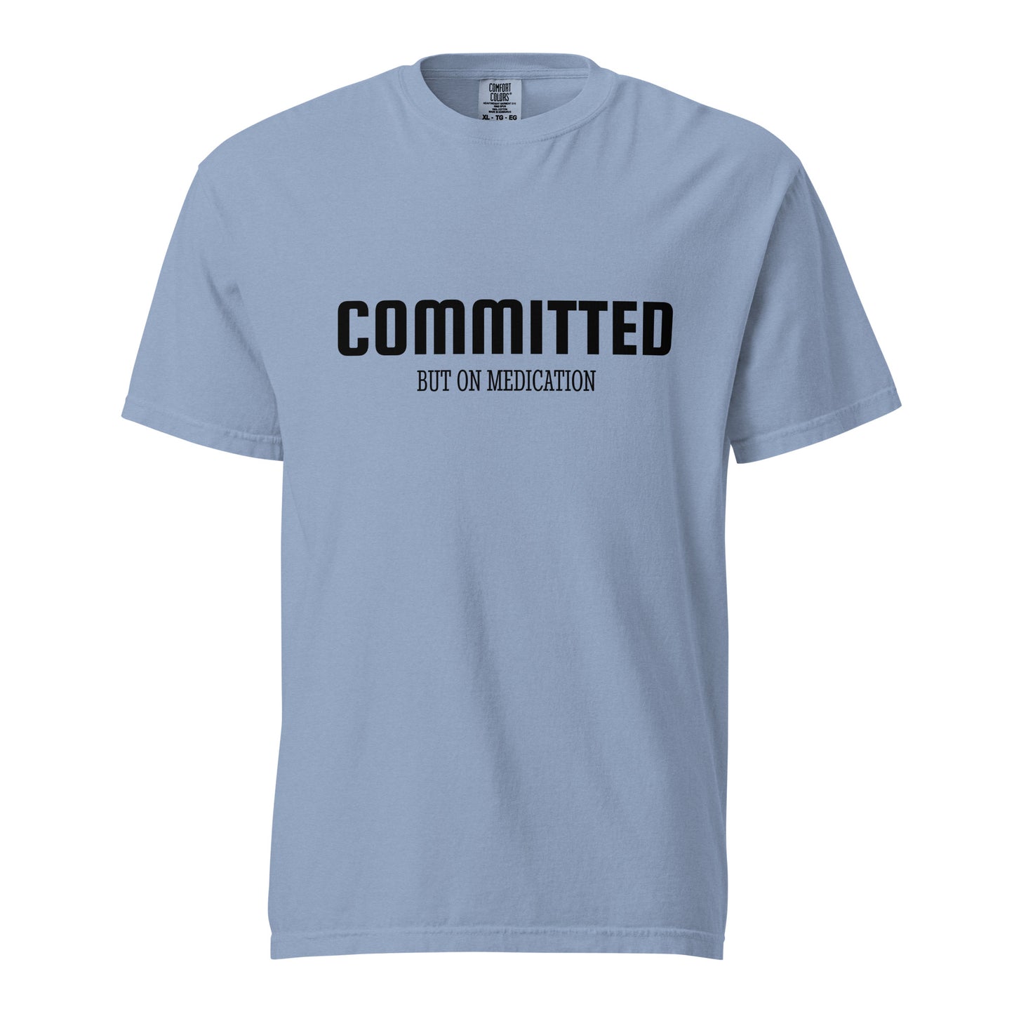 Unisex garment-dyed heavyweight T-shirt in washed denim with front design, by Wayward.biz.