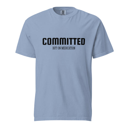 Unisex garment-dyed heavyweight T-shirt in washed denim with front design, by Wayward.biz.
