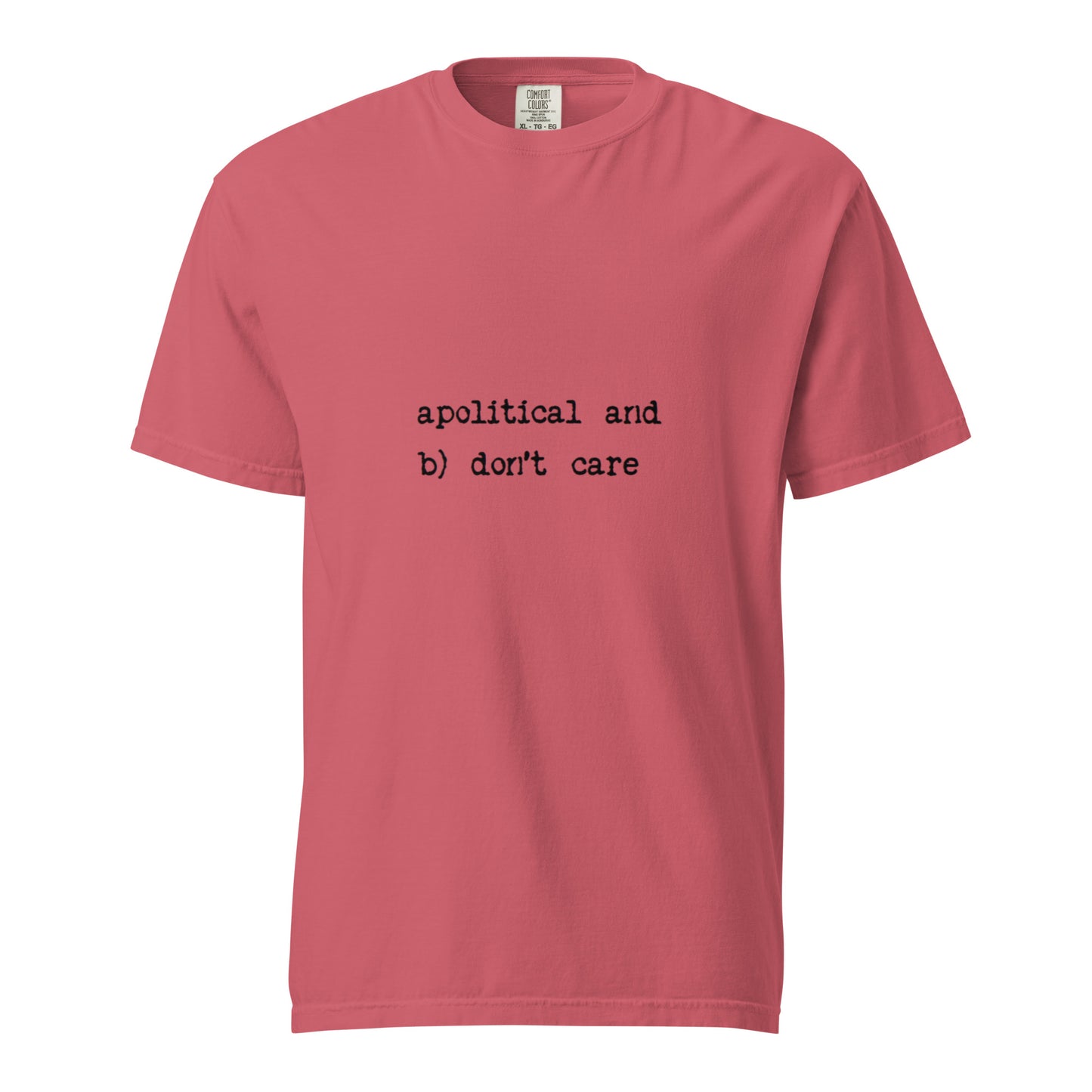 Unisex watermelon-colored garment-dyed heavyweight t-shirt by wayward.biz, front view showing casual fit and fabric texture.