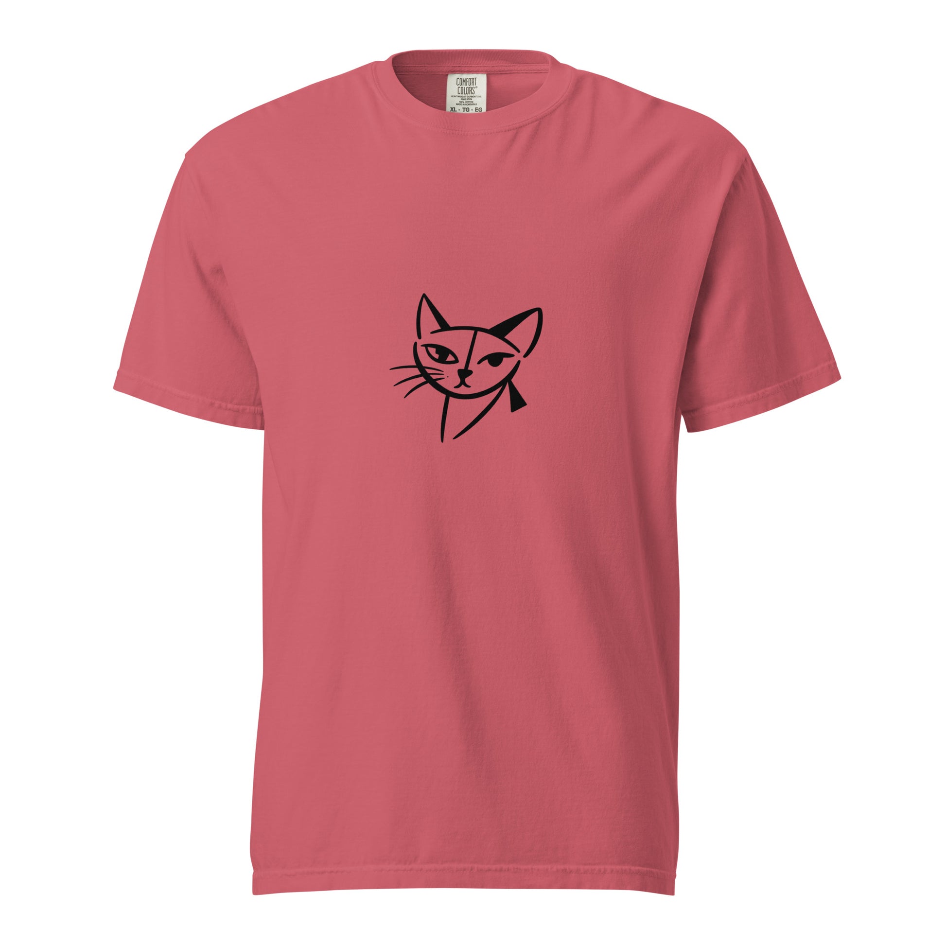 Unisex garment-dyed heavyweight watermelon-colored T-shirt with feline face graphic from wayward.biz, front view.