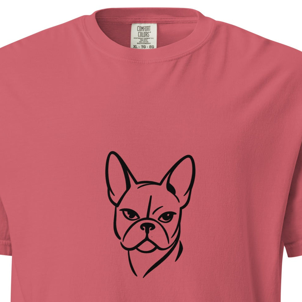 Unisex heavyweight garment-dyed French Bulldog T-shirt in watermelon color, front view, casual and comfortable style.