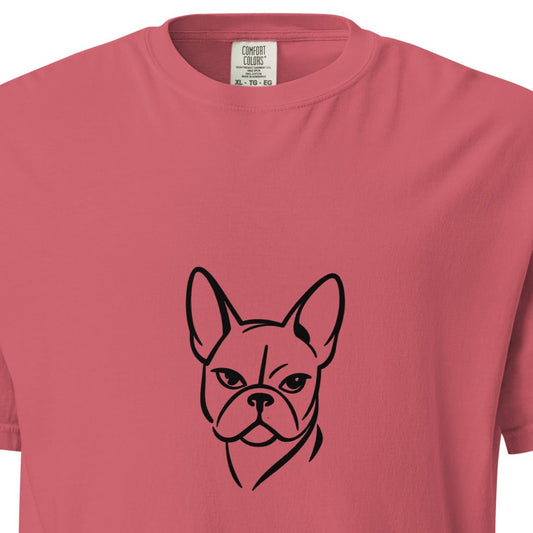 Unisex heavyweight garment-dyed French Bulldog T-shirt in watermelon color, front view, casual and comfortable style.