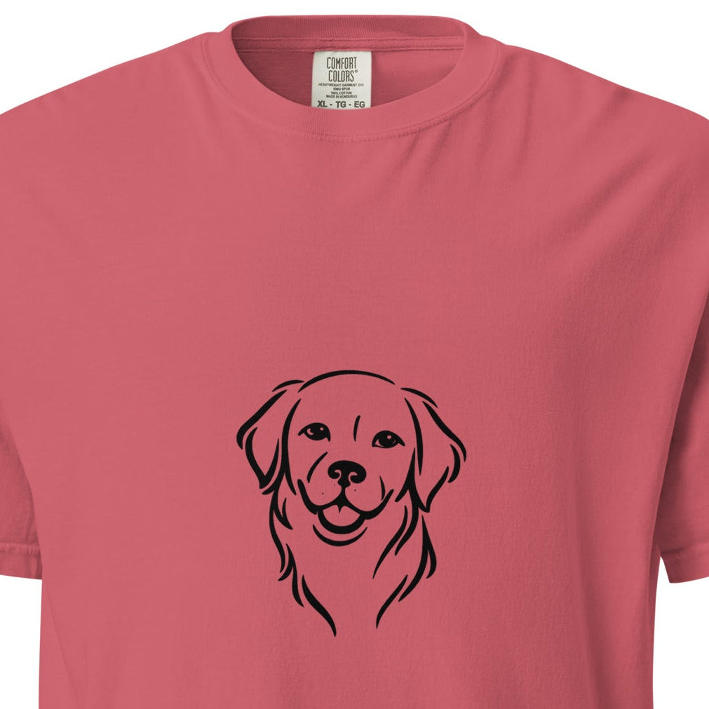 Unisex Golden Retriever graphic heavyweight garment-dyed T-shirt in watermelon color, front view, casual style by wayward.biz.