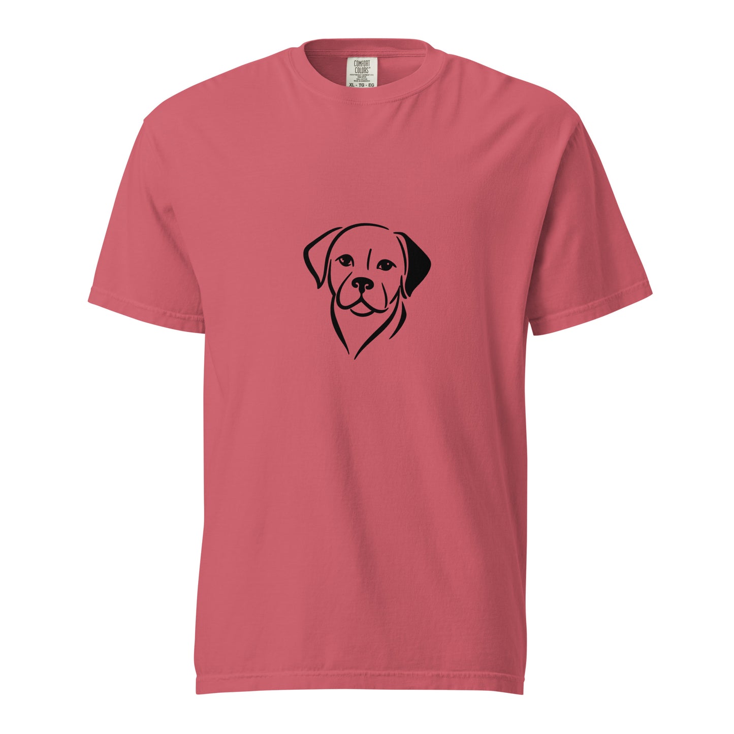 Unisex Labrador Retriever garment-dyed heavyweight T-shirt in watermelon color, front view showing relaxed fit and soft fabric.