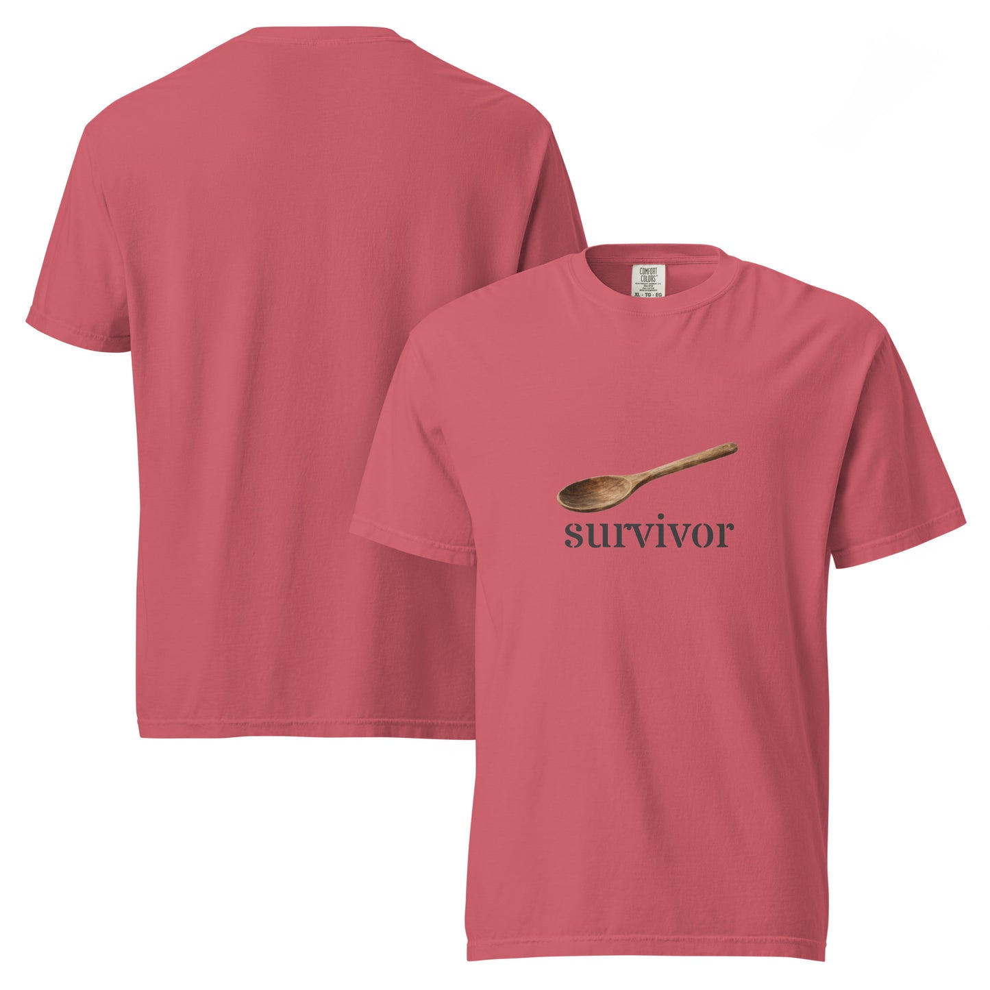 Unisex garment-dyed heavyweight wooden spoon survivor t-shirt in watermelon color, front and back view.