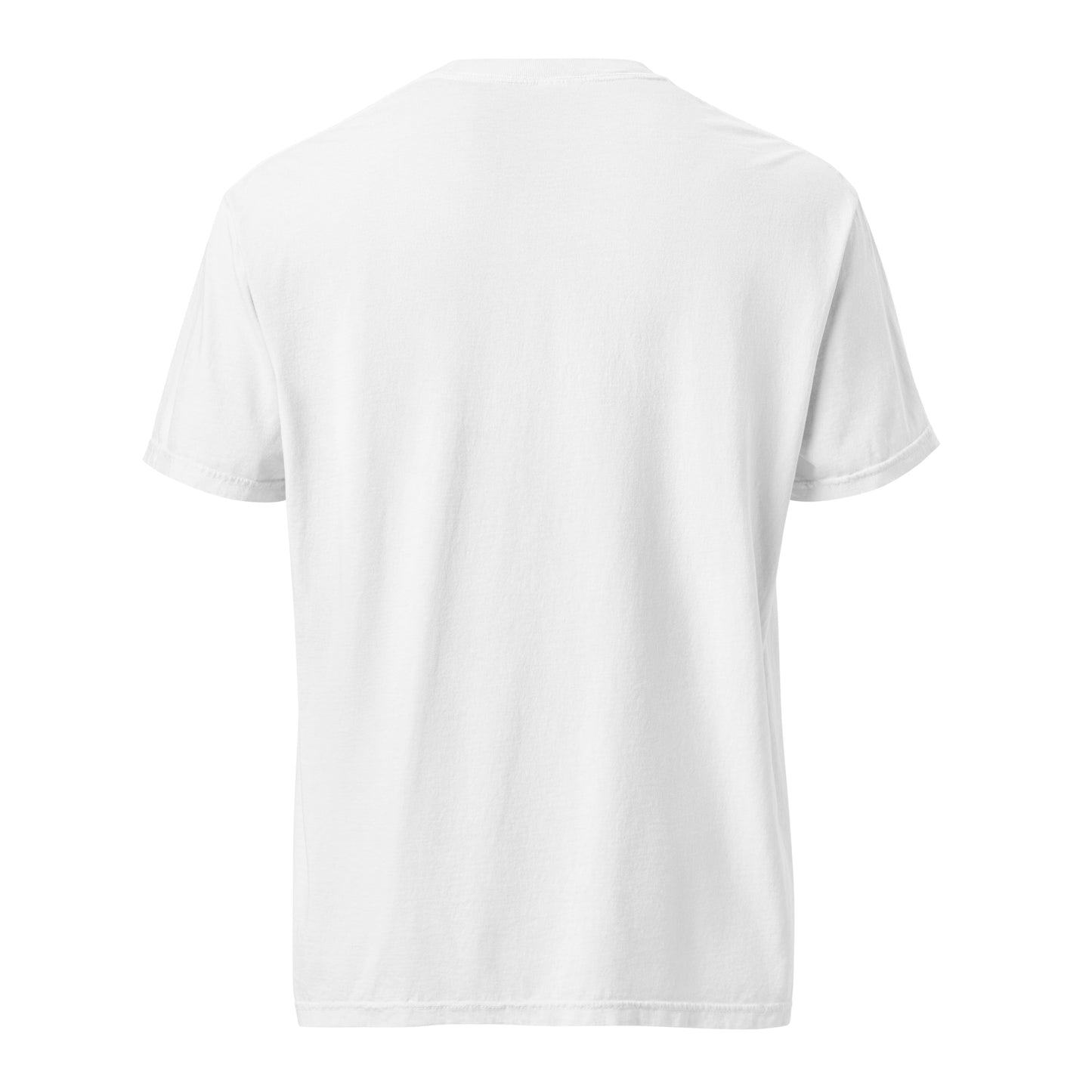 Unisex white View-Master heavyweight t-shirt by wayward.biz with "Old enough to remember" print, back view, garment-dyed fabric.