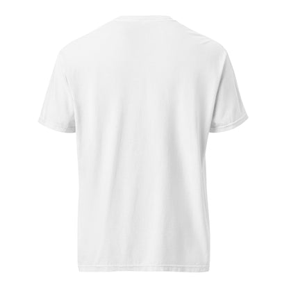 Unisex white View-Master heavyweight t-shirt by wayward.biz with "Old enough to remember" print, back view, garment-dyed fabric.
