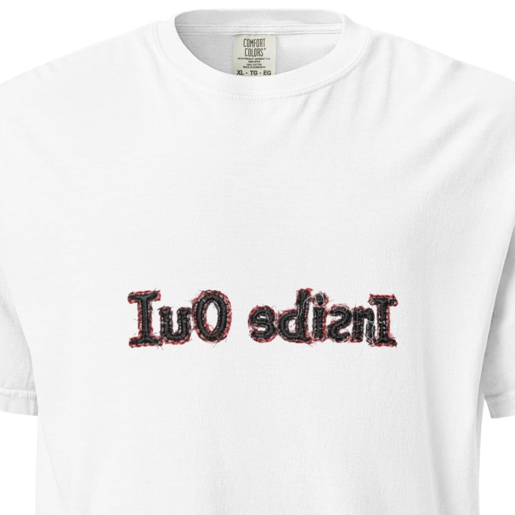 Unisex "Inside Out" heavyweight garment-dyed white T-shirt by wayward.biz, front view showing soft fabric and relaxed fit.