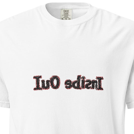 Unisex "Inside Out" heavyweight garment-dyed white T-shirt by wayward.biz, front view showing soft fabric and relaxed fit.