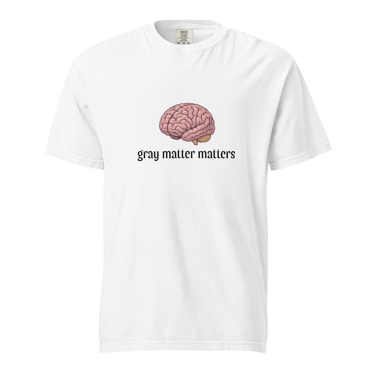 Gray Matter Matters unisex garment-dyed heavyweight T-shirt in light gray, front view showing soft fabric and relaxed fit.
