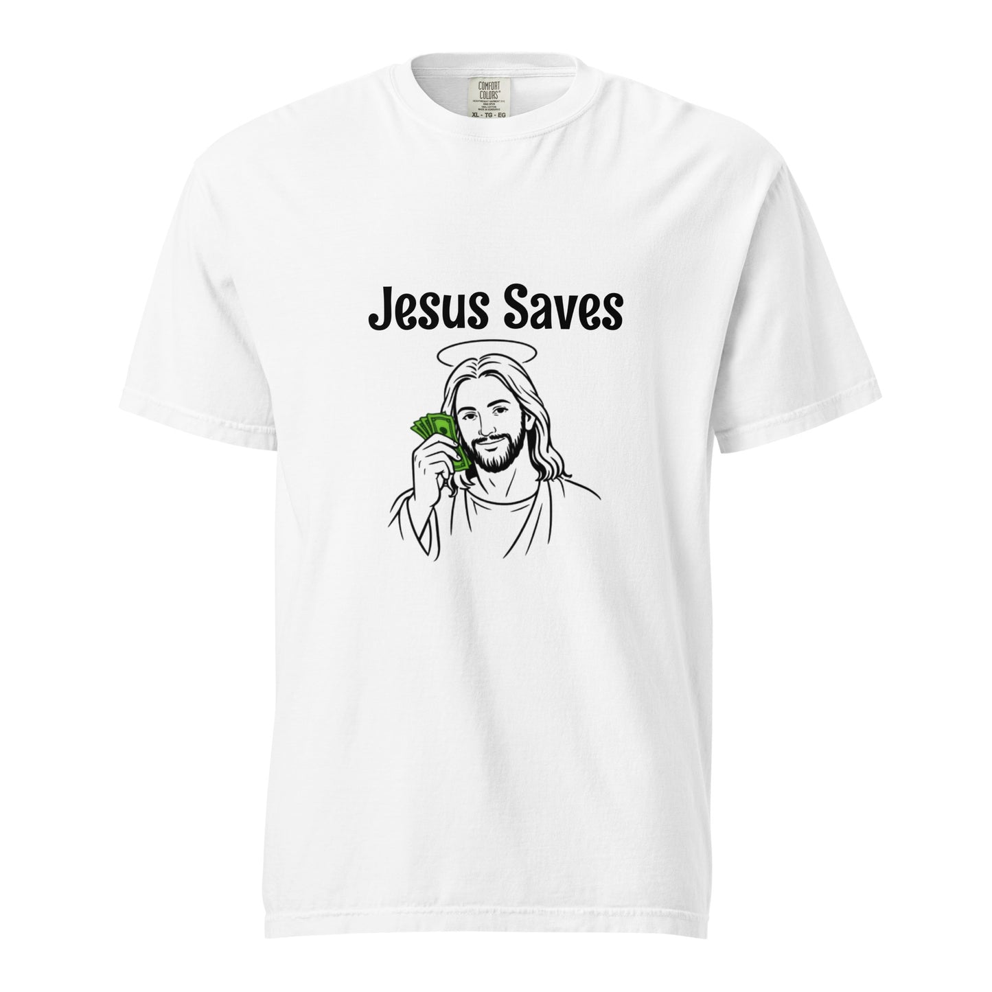 Unisex Jesus Saves heavyweight garment-dyed T-shirt in white, featuring bold front print and durable fabric for casual wear.