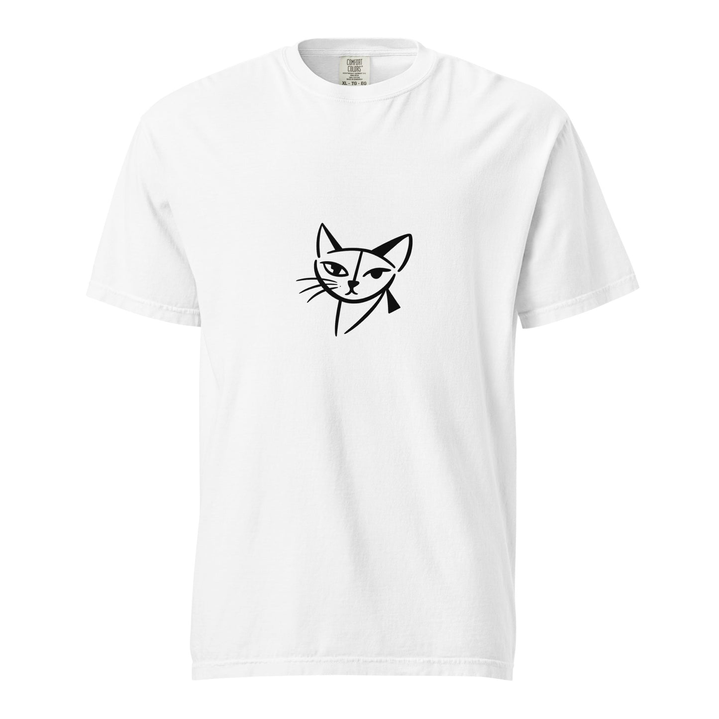 Unisex white heavyweight garment-dyed T-shirt with feline face design by wayward.biz, front view showing soft fabric and casual fit.
