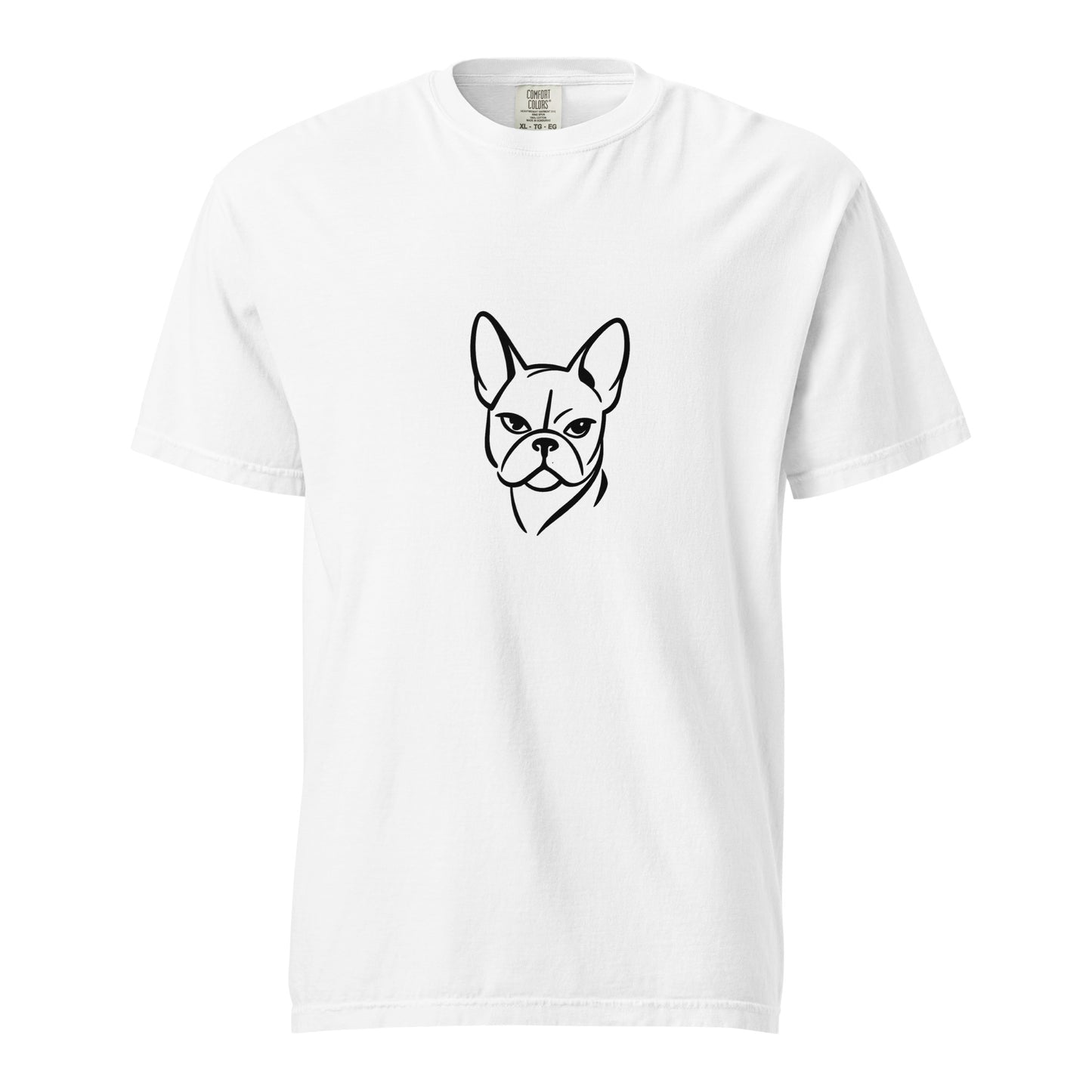 Unisex white heavyweight garment-dyed French Bulldog T-shirt from wayward.biz, front view showing soft fabric and casual fit.