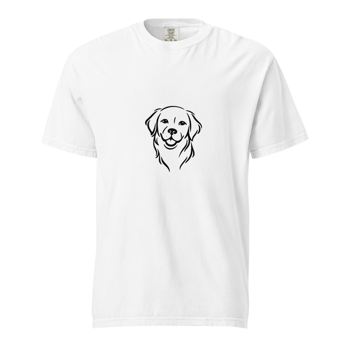 Unisex heavyweight white T-shirt featuring a Golden Retriever graphic, garment-dyed for a soft, vintage look.