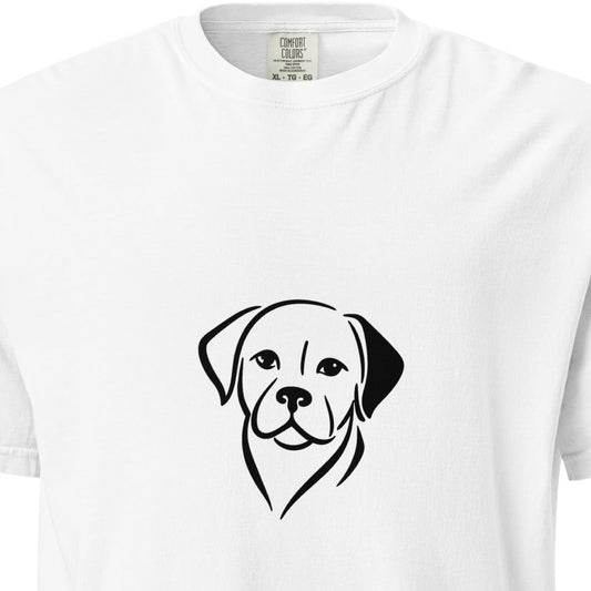 Unisex white Labrador Retriever garment-dyed heavyweight t-shirt by wayward.biz, front view showing soft fabric and casual fit.