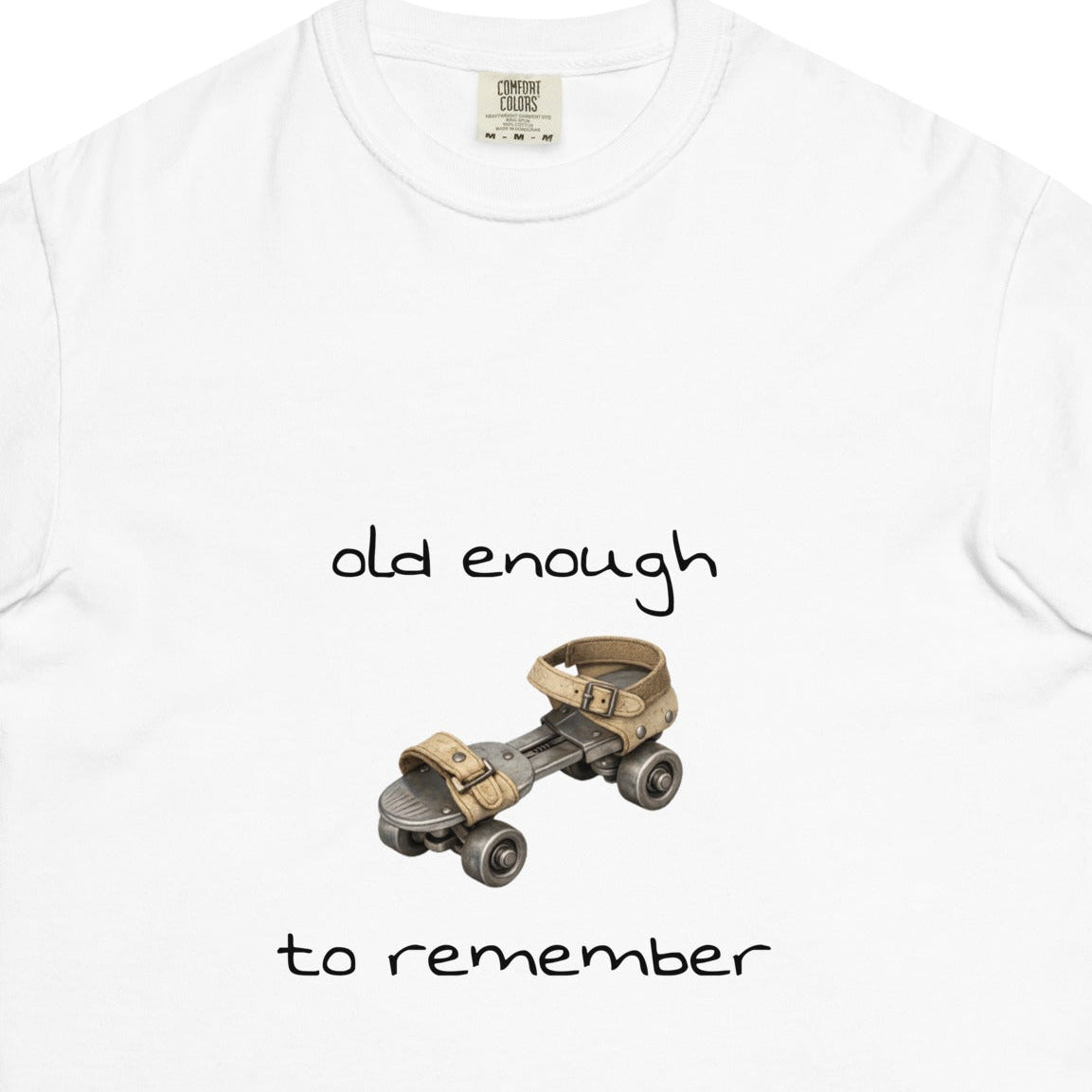 Unisex white heavyweight T-shirt with "Old enough to remember" print, garment-dyed, from wayward.biz, front view.