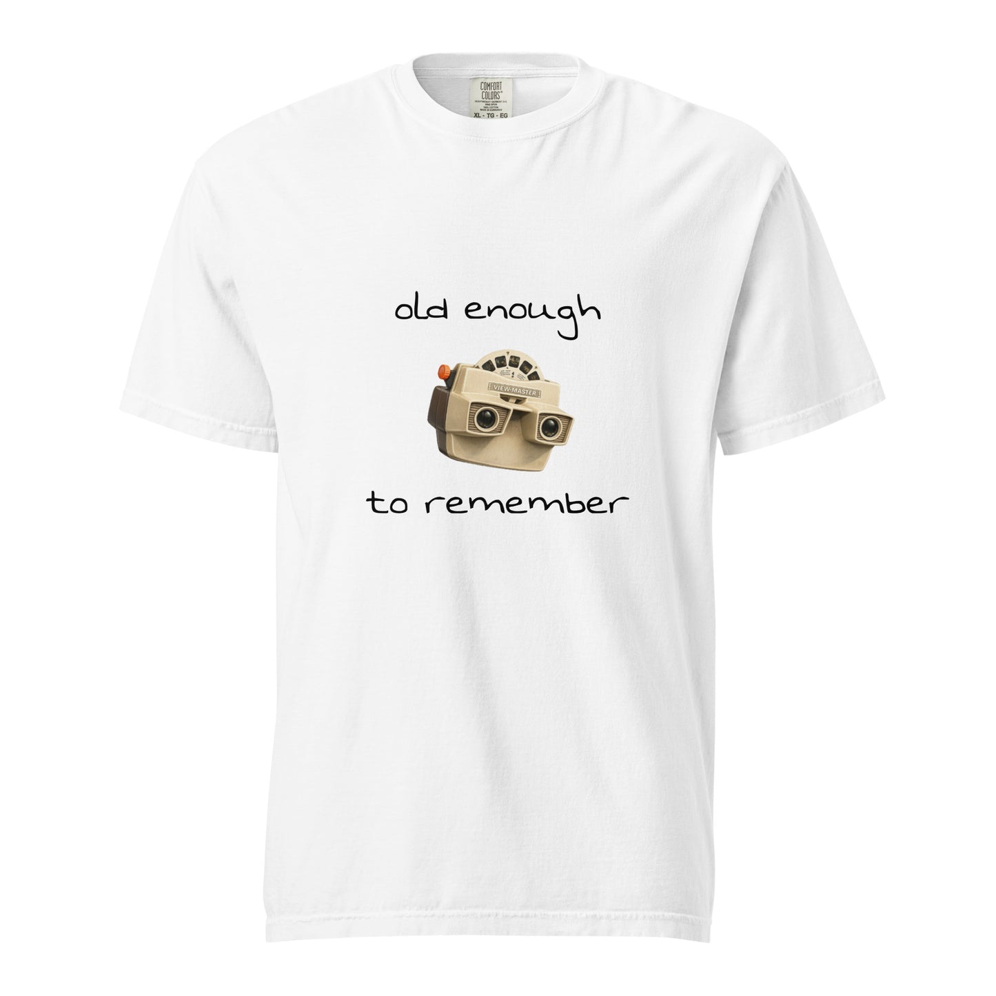 Unisex white View-Master T-shirt by wayward.biz featuring a garment-dyed heavyweight fabric and vintage-inspired design.