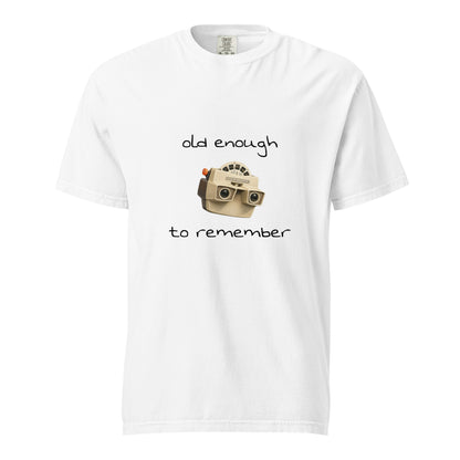 Unisex white View-Master T-shirt by wayward.biz featuring a garment-dyed heavyweight fabric and vintage-inspired design.