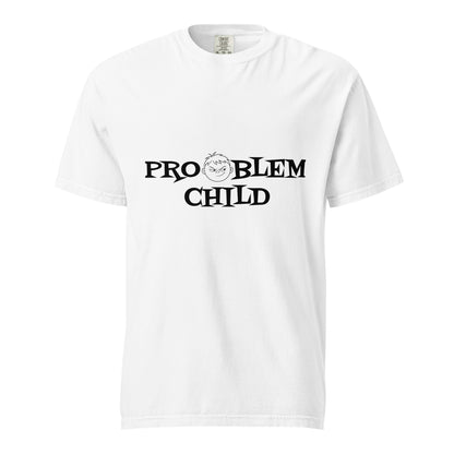 Unisex white garment-dyed heavyweight T-shirt by Problem Child, front view showing soft fabric and classic fit.