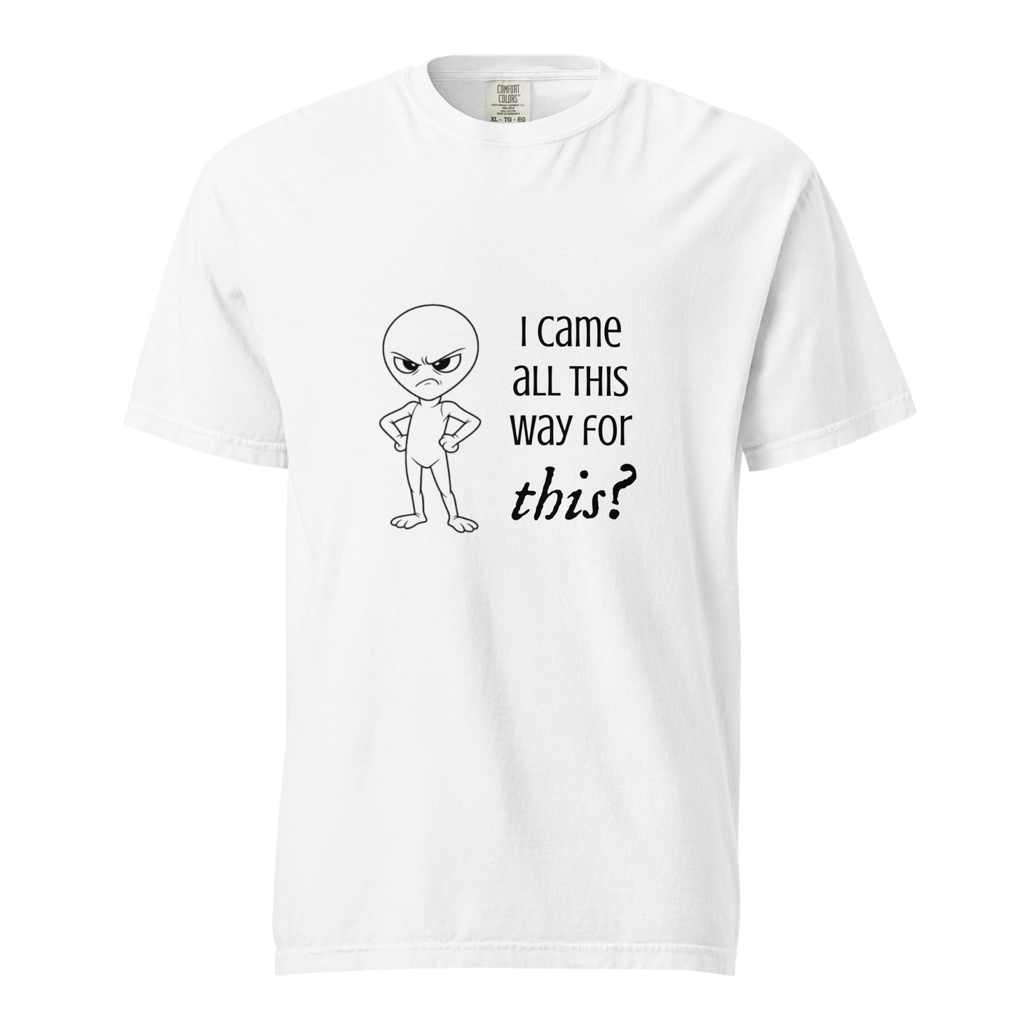 White unisex heavyweight T-shirt featuring an angry alien graphic, garment-dyed for a vintage look, by wayward.biz.