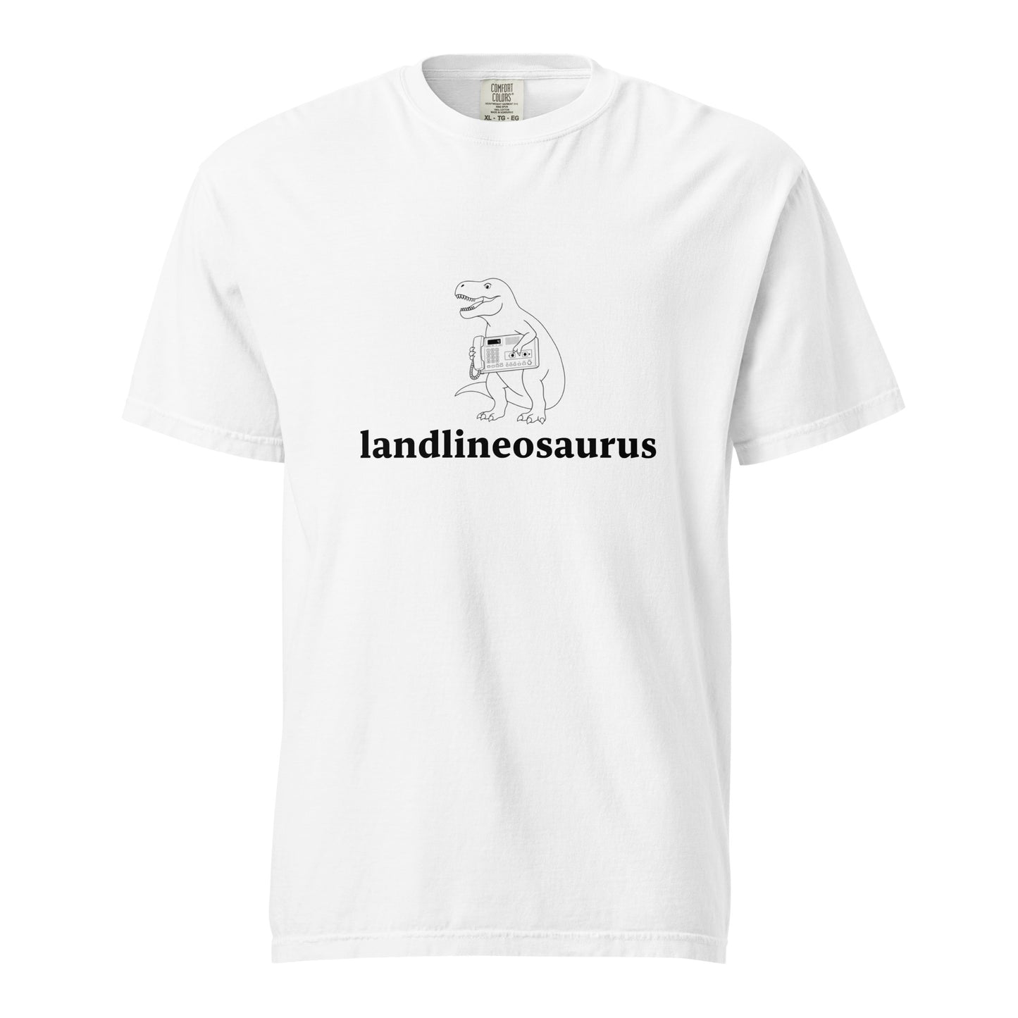 Unisex Landlineosaurus heavyweight garment-dyed white T-shirt by wayward.biz, front view showing soft fabric and classic fit.