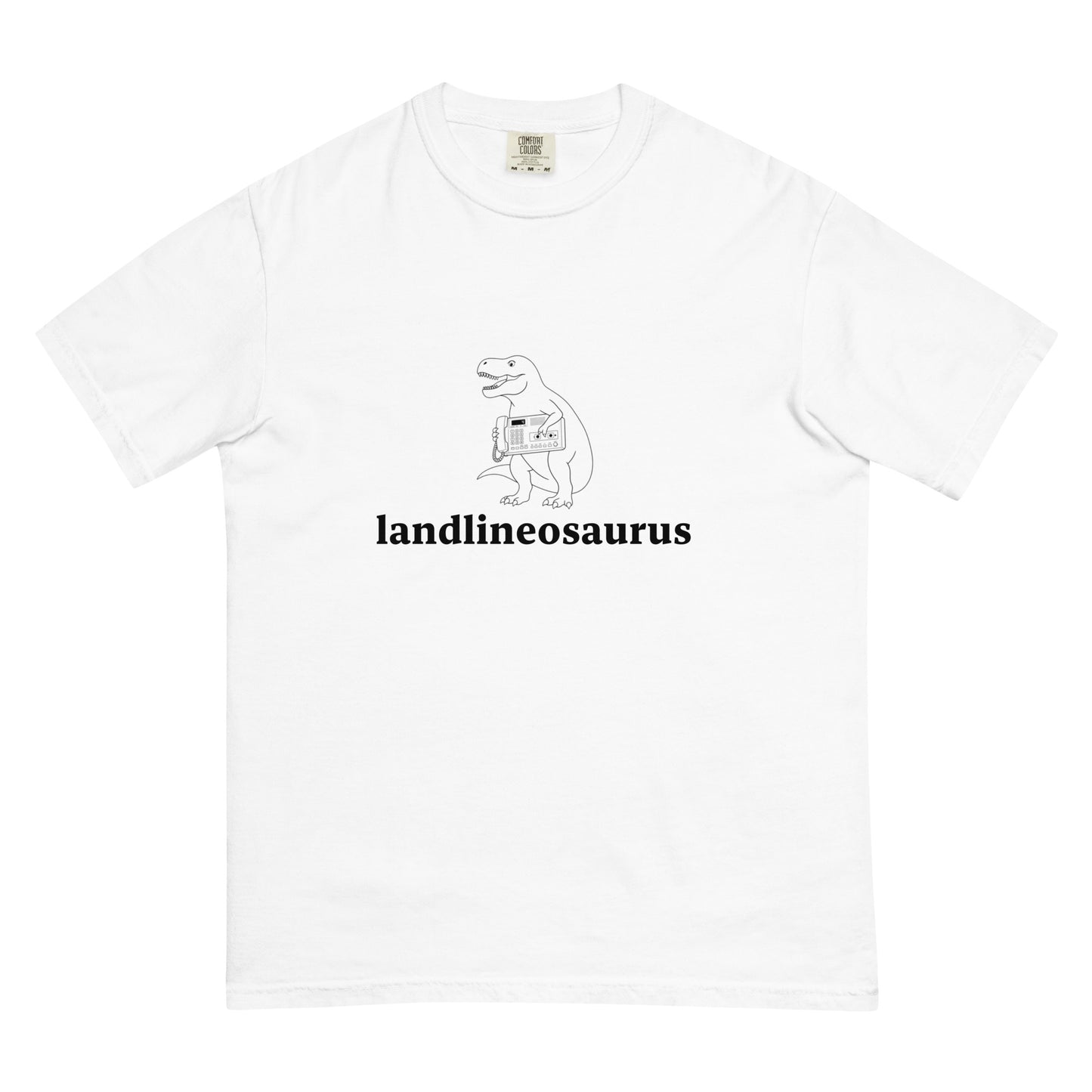 White unisex Landlineosaurus heavyweight garment-dyed T-shirt by wayward.biz, front view showing soft fabric and classic fit.
