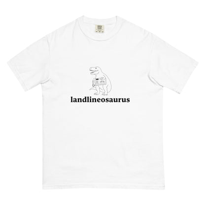 White unisex Landlineosaurus heavyweight garment-dyed T-shirt by wayward.biz, front view showing soft fabric and classic fit.