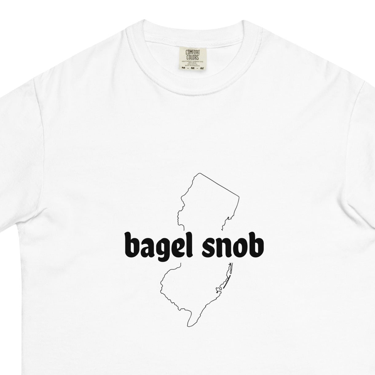 Unisex Bagel Snob heavyweight garment-dyed white T-shirt with front design, casual style by wayward.biz.
