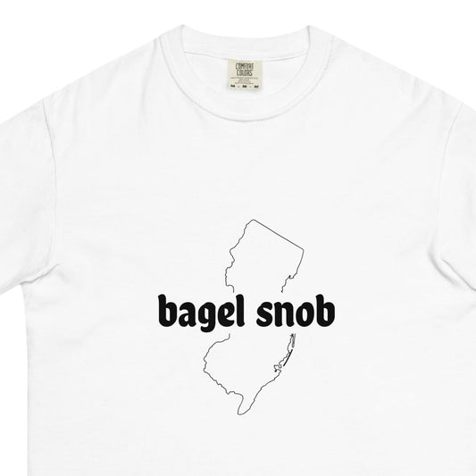Unisex Bagel Snob heavyweight garment-dyed white T-shirt with front design, casual style by wayward.biz.