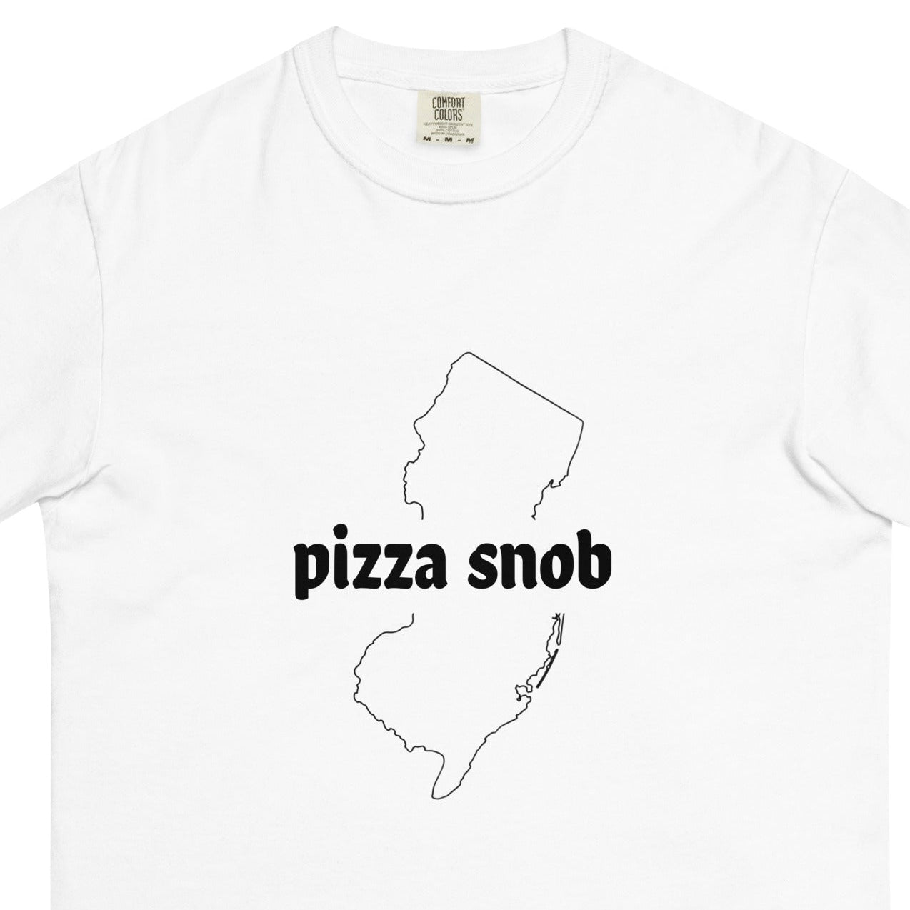 White Pizza Snob unisex garment-dyed heavyweight T-shirt with front design, made by wayward.biz.