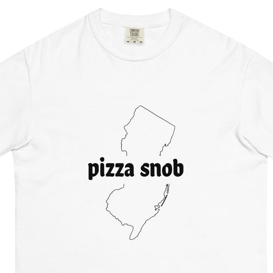 White Pizza Snob unisex garment-dyed heavyweight T-shirt with front design, made by wayward.biz.