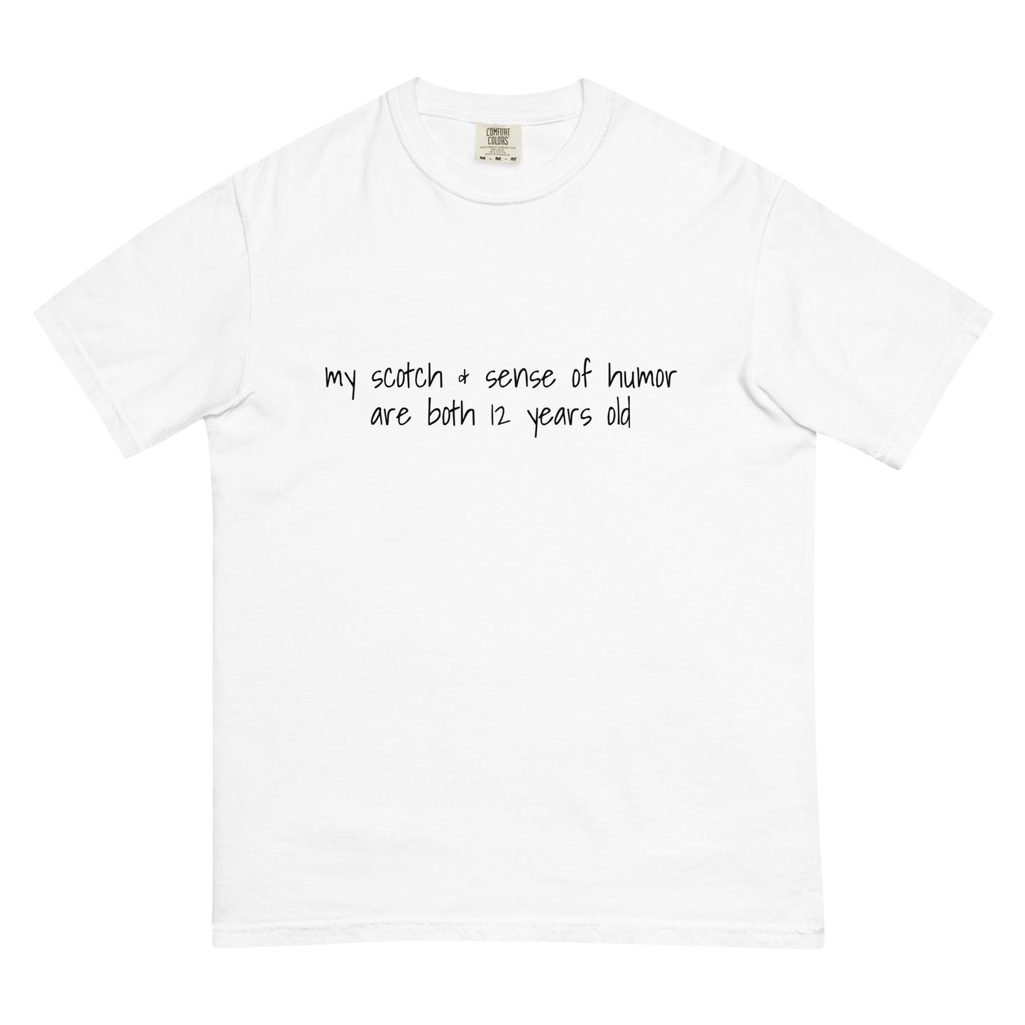 Unisex 12-year-old Scotch and sense of humor heavyweight garment-dyed white T-shirt by Wayward.biz, front view.