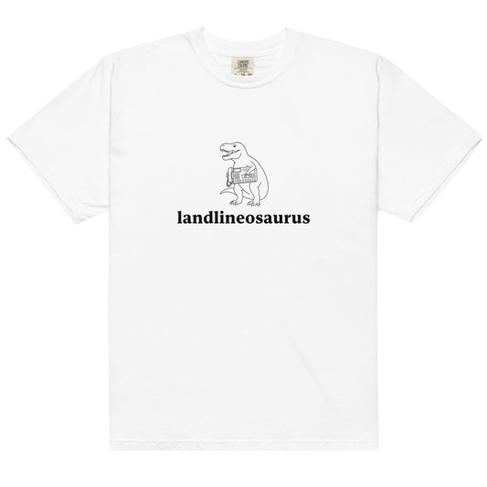 Unisex Landlineosaurus heavyweight garment-dyed white T-shirt from wayward.biz, front view showing soft fabric and classic fit.