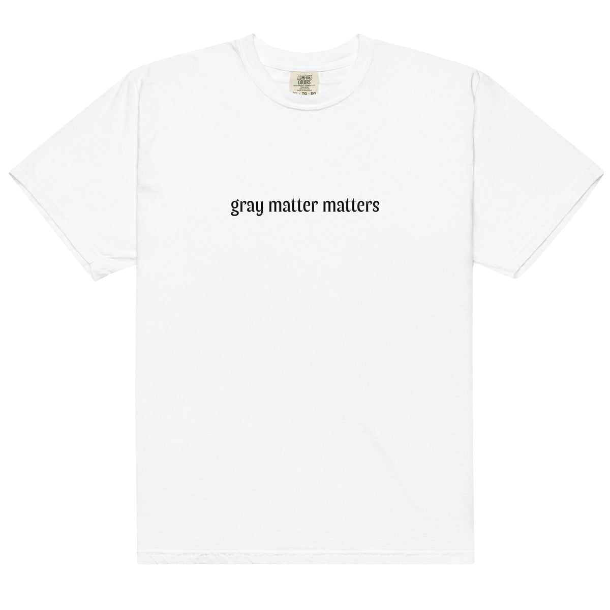Unisex gray matter matters heavyweight garment-dyed t-shirt in light gray, front view, made by wayward.biz.
