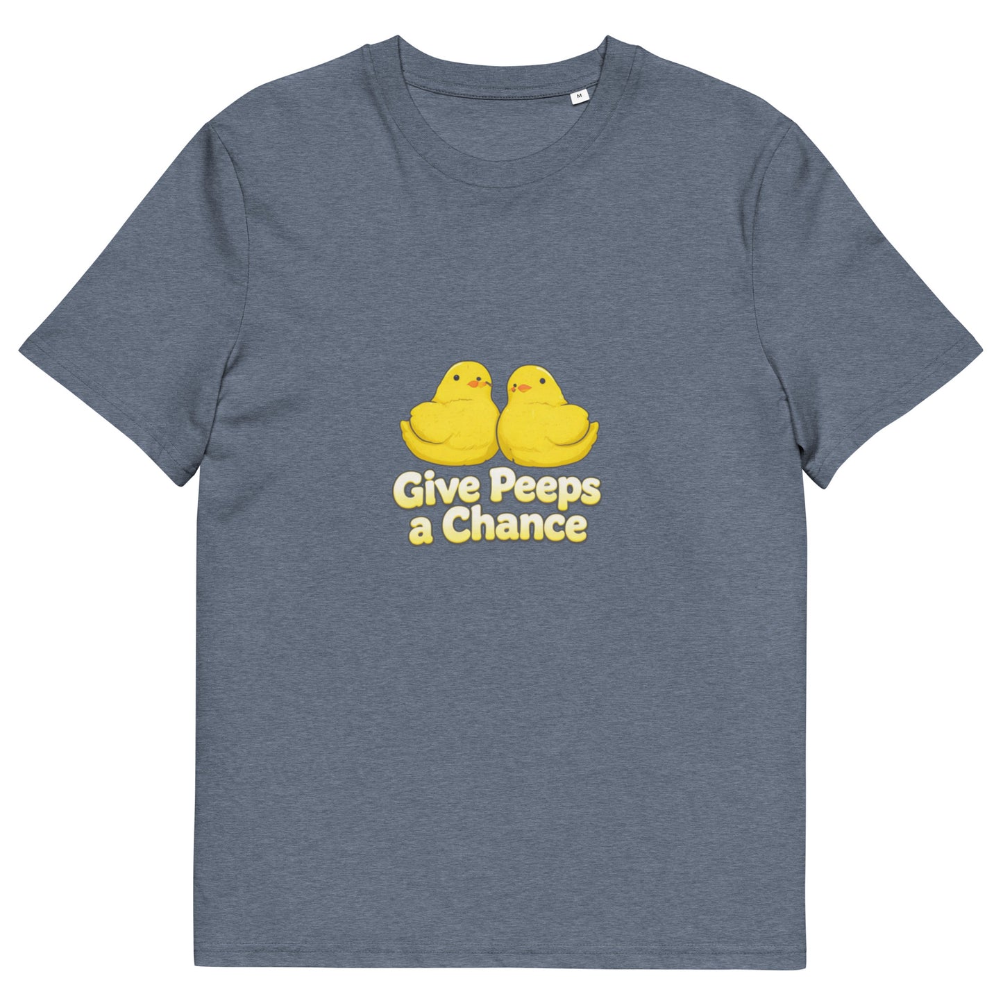 Unisex dark heather blue organic cotton T-shirt with product design on front, from Give Peeps a Chance collection by wayward.biz.