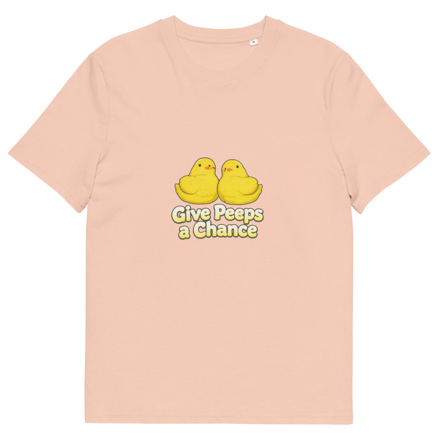 Unisex organic cotton T-shirt with "Give Peeps a Chance" design, featuring a fresh peach color and casual fit.